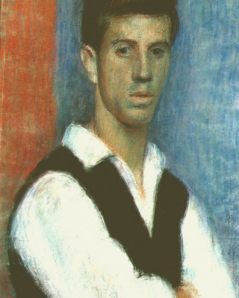 Young man with black waist coat graphic