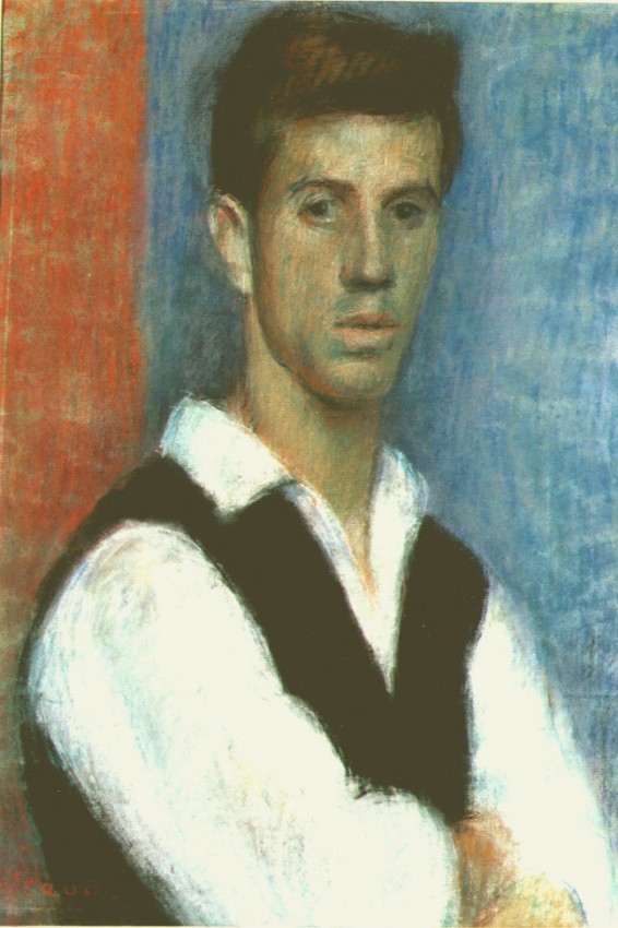 Young man with black waist coat graphic